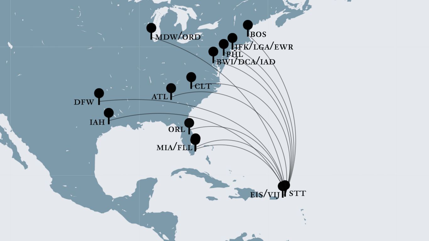Flight paths from major cities to STT Airport